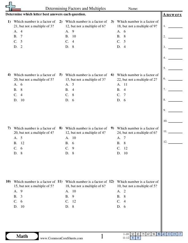 4.oa.4 Worksheets - Determining Factors and Multiples worksheet